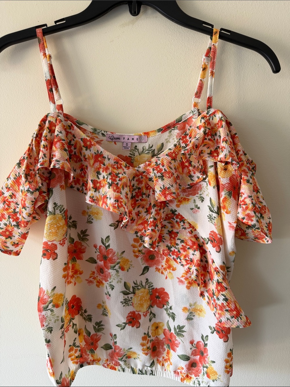 Floral Ruffle Cold-Shoulder Tank Top - Orange Yellow on White
